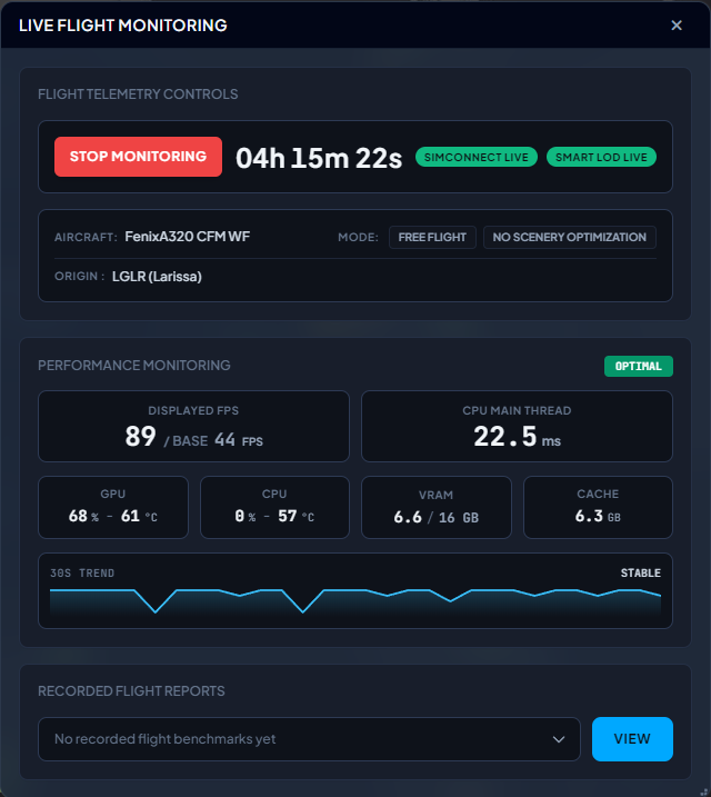 SceneryX Live Flight Monitoring — Real-Time MSFS FPS, CPU MainThread, VRAM Telemetry and Flight Reports